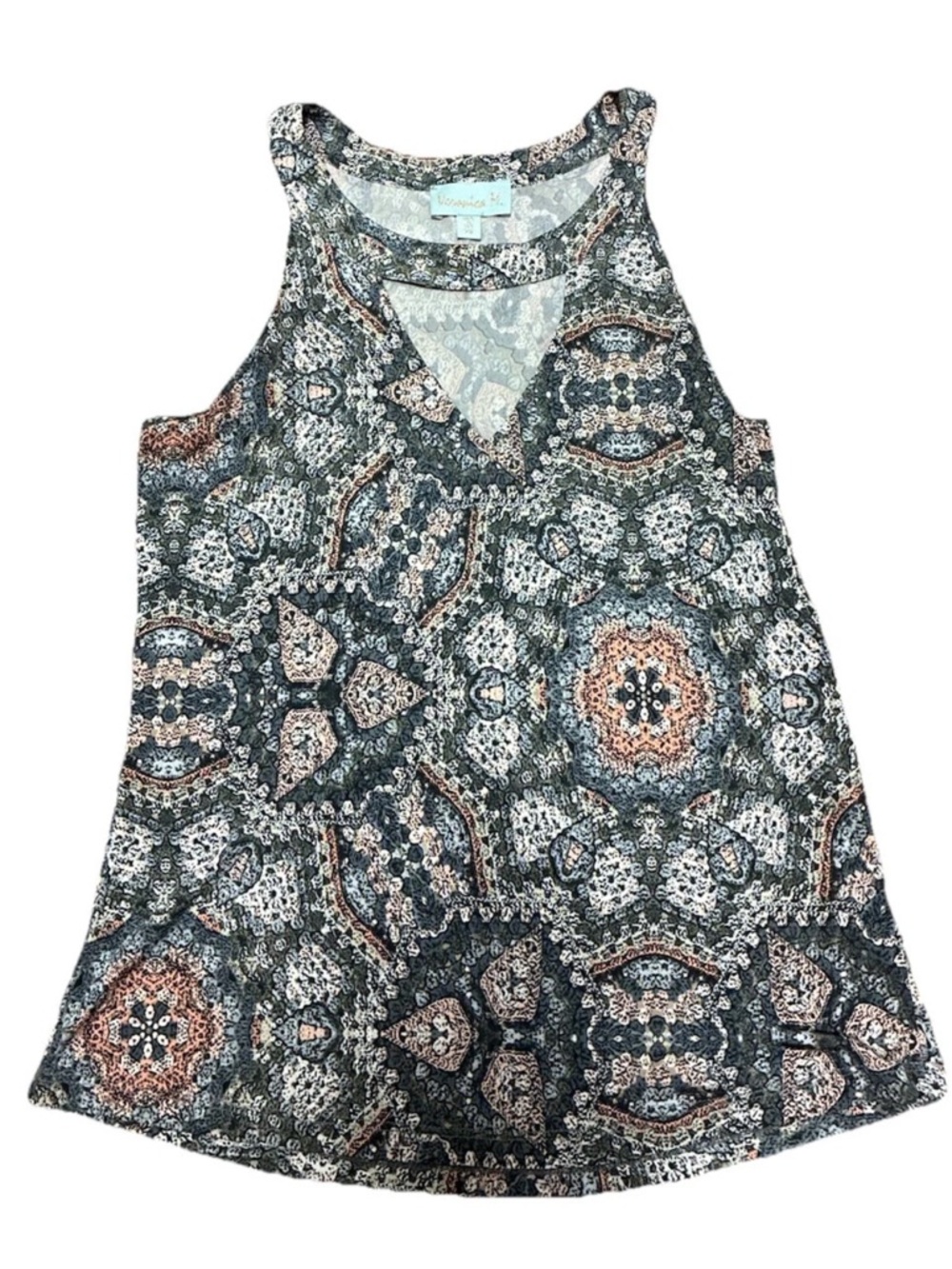 Veronica M Womens XS Sleeveless Blouse Boho Print Stretch Top Made USA Keyhole